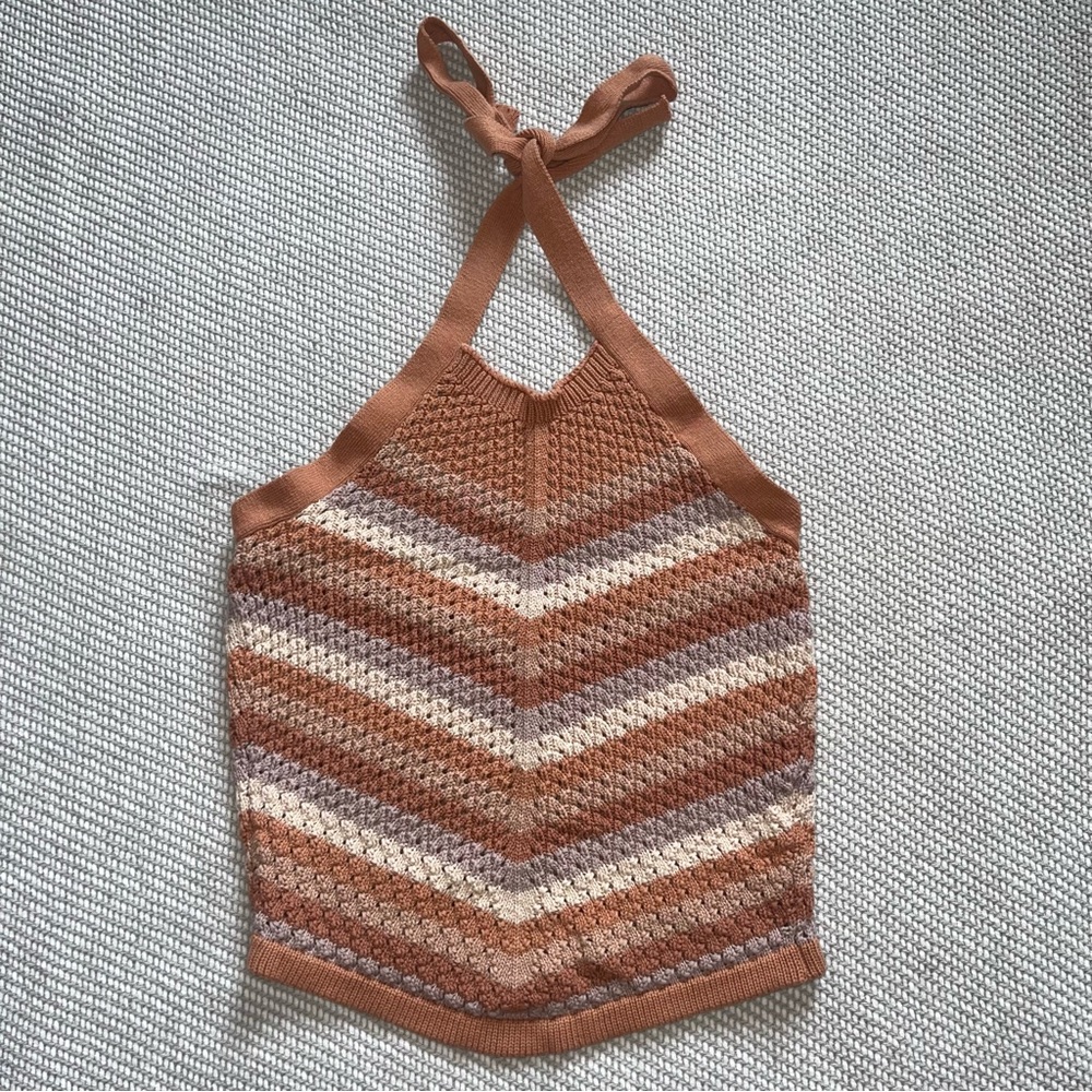 Audele Women’s Brown Stripe Crochet Crop Halter Top Cotton Sz Xs